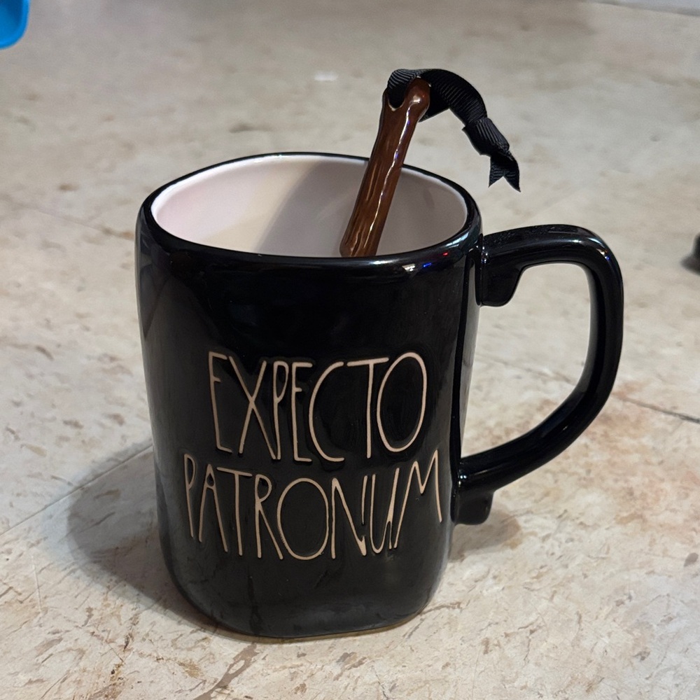 Rae Dunn Black Mug with Stag and Harry Potter Design and wand stir